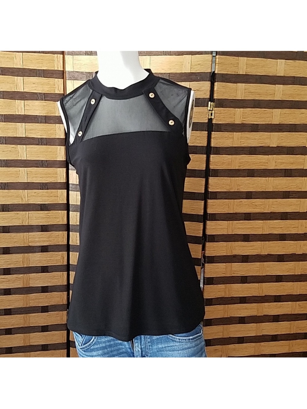 Sleeveless Black Mesh Yoke Women's Top